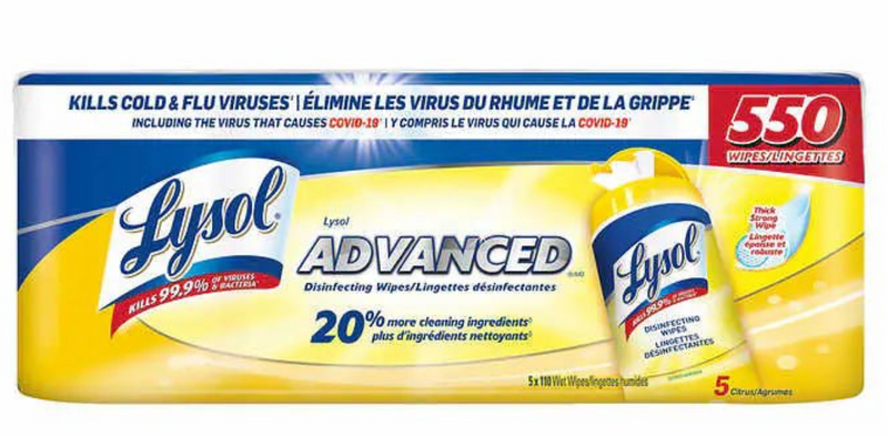 Lysol Advanced Disinfecting Wipes 550 Count, 5 canisters of 110 wipes, kills 99.9% germs on surfaces.