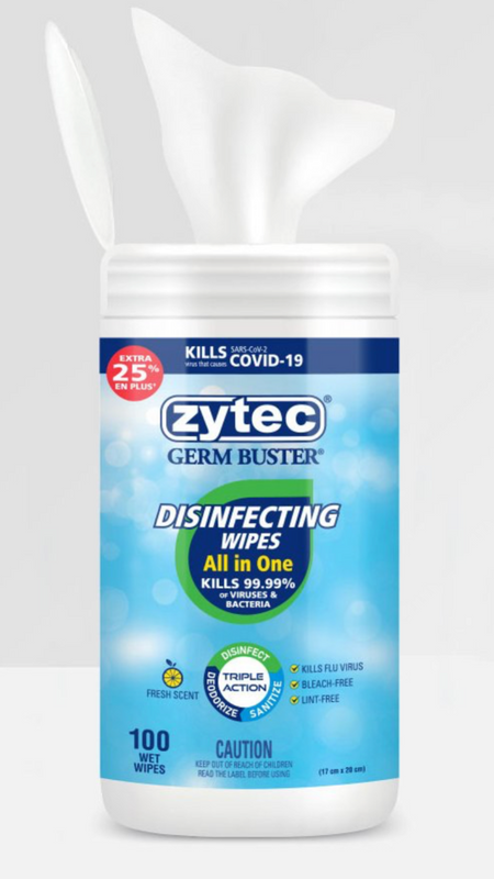 Zytec Disinfecting Wipes All in One 100 Count pack, fresh citrus scent, kills 99.99% germs.